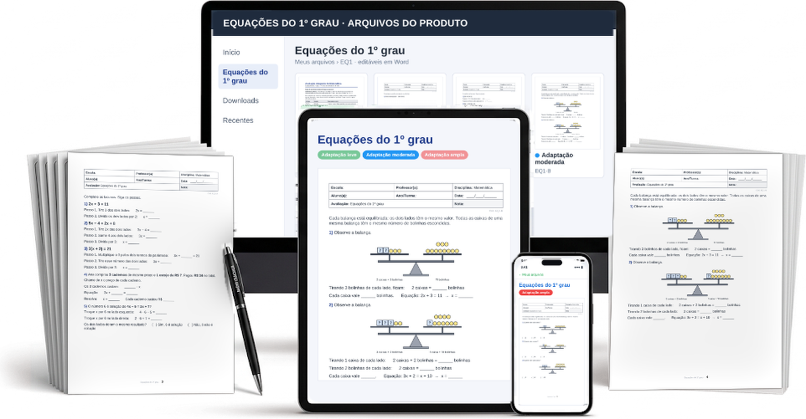 Prova adaptada de equações do 1º grau em monitor, tablet, celular e folhas impressas
